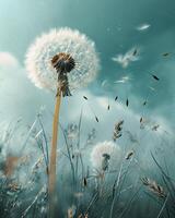 Dandelion Blowing in Wind on Cloudy Day photo