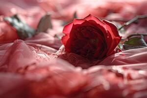 Red Rose Resting on Pink Sheets photo