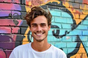 Man Standing in Front of Graffiti Wall photo