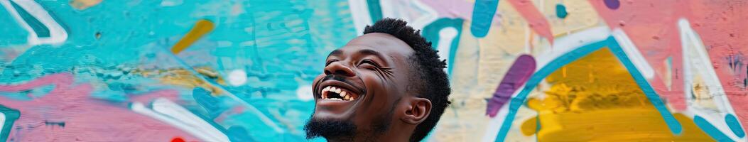Man Laughing in Front of Colorful Wall photo