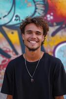 Man Standing in Front of Colorful Wall photo