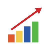Colorful bar graph and rising red arrow. vector