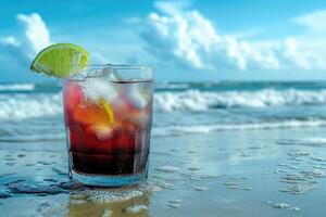 Refreshing Drink With Lime Slice on Beach photo