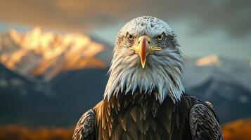 Bald Eagle Standing in Front of Mountain Range photo