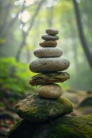 Moss Covered Rock With Stack of Rocks photo