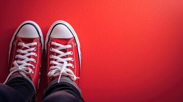 Feet With Red Sneakers on Red Background photo