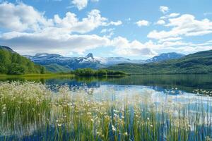 Lake Surrounded by Mountains and Grass photo