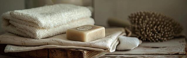 Stack of Towels and Soap Bar on Table photo