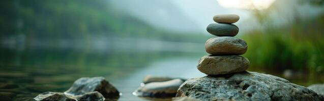 Balanced Rock Stack Gently Resting on Lake Surface photo