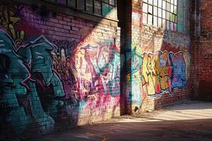 Graffiti-covered Brick Wall Adjacent to Building photo