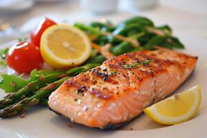 White Plate With Salmon and Asparagus photo