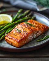 Salmon and Asparagus on Wooden Table photo