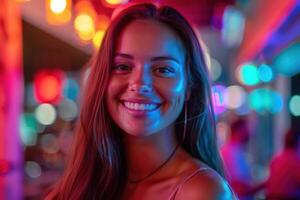 Woman Smiling Under Neon Lights photo