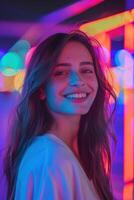 Woman Smiling In Neon Light photo