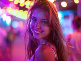 Woman Smiling in Neon Lights at Night photo
