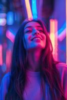 Woman Smiling Under Neon Lights photo