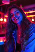 Woman Smiling in Neon Lights at a Bar photo