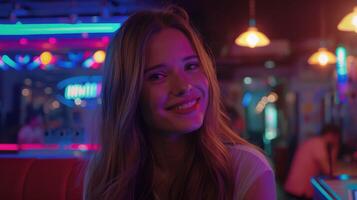 Woman Smiling in Neon-Lit Arcade photo