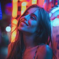 Woman Smiling in Neon Lights photo