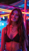 Woman Smiling Under Neon Lights photo