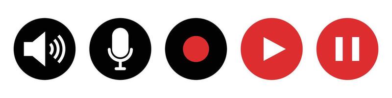 A set of icons for sound, microphone, REC, play, and pause buttons. Web icons. vector