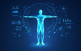 concept of medical healthcare technology, graphic of human body with analysis interface vector