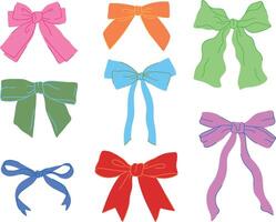 Set of colorful bows and ribbons, flat curled design, isolated on white background. Festive bundle for cute and elegant designs vector