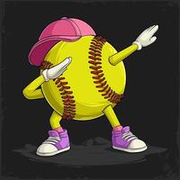 Hand drawn funny Dabbing Softball ball red stitched with hands and legs doing dab dance gesture pose vector