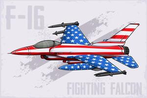 Hand drawn Dynamic F-16 Fighting Falcon with American USA flag supersonic multirole fighter aircraft vector
