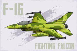Hand drawn Dynamic F-16 Fighting Falcon with green forest camo American supersonic fighter aircraft vector