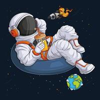 Hand drawn funny astronaut relaxing on swimming ring in the space drinking orange juice over earth vector