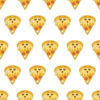 A seamless pattern of smiley faces in the shape of a pizza. Flat, cartoon retro style. For design, flyers, banners, textiles, websites. vector