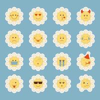 Set of vintage emoji daisy stickers in flat retro groovy style. Different emotions. Blue background. vector