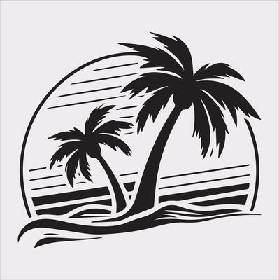 palm tree beach silhouette on white background