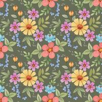 Beautiful blooming flowers design on green color background seamless pattern. vector