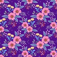 blooming colorful flowers and leaf on purple color background seamless pattern. vector
