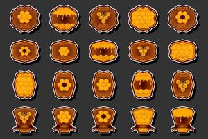 Illustration on theme for label of sugary flowing down honey in honeycomb with bee vector