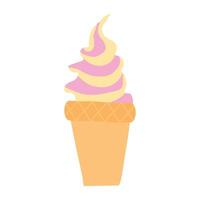 Illustration of a soft serve ice cream cone with pink and yellow swirled ice cream in a waffle cone. The design is simple and cute, perfect for summer or dessert-themed graphics vector