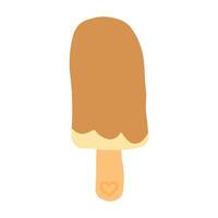 Simple illustration of a brown and yellow ice cream on a stick, featuring a small heart detail on the handle. Perfect for summer themes, dessert concepts, and playful, minimalistic designs vector