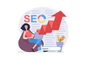 SEO optimization concept in modern flat design for web. Woman analyzing search data in arrow growth graph, making settings and improving page traffic for top ranking in search. illustration. vector