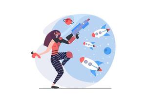 Virtual reality concept in modern flat design for web. Woman in VR headset and controller paying shooter game with cyber gun and spaceships in augmented interactive simulation. illustration. vector
