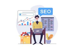 SEO optimization concept in modern flat design for web. Man analyzing engine search data and improving internet page traffic, making settings and working with analytics report. illustration. vector