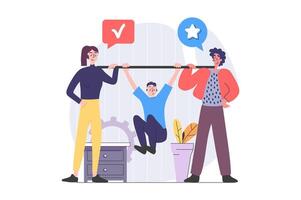 Teamwork concept in modern flat design for web. Man and woman cooperating and communicating in team, helping and supporting each other, brainstorming and finding opportunities. illustration vector
