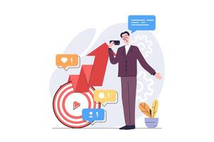 marketing concept in modern flat design for web. Man creating trendy content, making online stream in blog, doing success internet promotion to target audience. illustration. vector