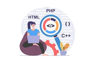 Programmers concept in modern flat design for web. Woman developer working with program code and making research at laptop, improving new products and finding best solutions. illustration. vector