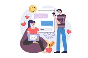 Social network concept in modern flat design for web. Woman and man sending messages in dating app, chatting with friends and using emoji and hearts, sharing information online. illustration. vector