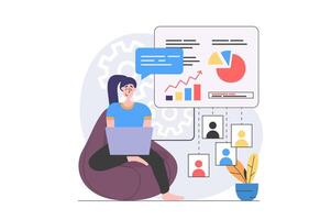 conference concept in modern flat design for web. Woman doing work task distantly and making data analysis, sharing link to report with colleagues online for teamwork. illustration. vector