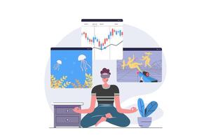 Virtual reality concept in modern flat design for web. Man in VR headset paying shooter game and online aquarium, working with data graph analysis on augmented screens simulation. illustration. vector