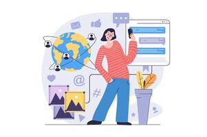Social network concept in modern flat design for web. Woman sending messages and emails, chatting with global friends, sharing information online, making photo posts in blog. illustration. vector