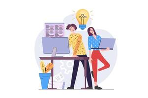 Programmers concept in modern flat design for web. Developers team working with code at laptop and computer, brainstorming and creating programs and software, improving products. illustration. vector
